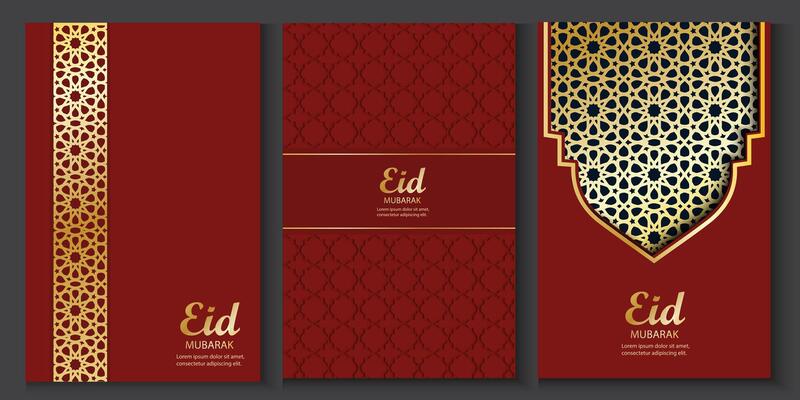eid mubarak greeting cards set with golden pattern on red background
