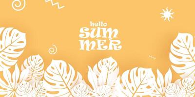hello summer background with tropical leaves on yellow and white color vector