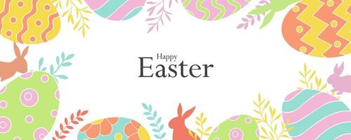 happy easter background with colorful eggs and rabbits and copy space for text vector