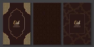 set of eid mubarak greeting cards with golden pattern vector