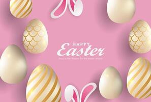 happy easter background with golden eggs and bunny ears vector