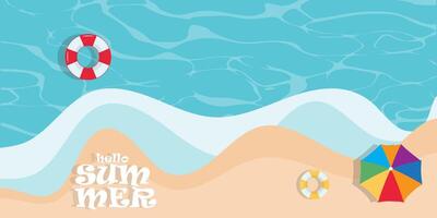 a beach scene with a beach umbrella and a lifeguard for summer background vector