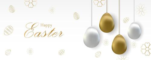 happy easter poster banner with eggs hanging on strings with the words happy easter vector