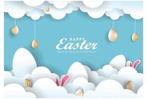 easter egg and bunny in the clouds paper art style illustration vector