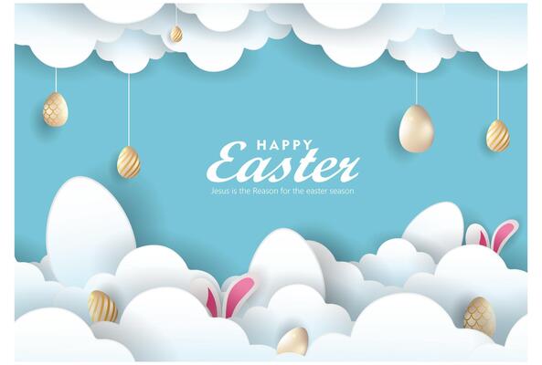 easter egg and bunny in the clouds paper art style illustration