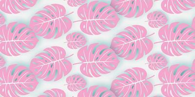 a pink and white pattern with palm leaves,beutiful tropical monstera leaves background vector