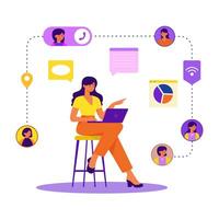 Young Woman Using Laptop Surrounded by Communication and Connection Networks vector