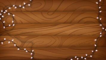 Wooden Background with Festive String Lights Decoration vector