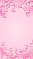frame with lying rose petals, copy space. Vertical editable template with place for text. Flower illustration of realistic sakura petal with shadow for stories, social media banner, background. vector
