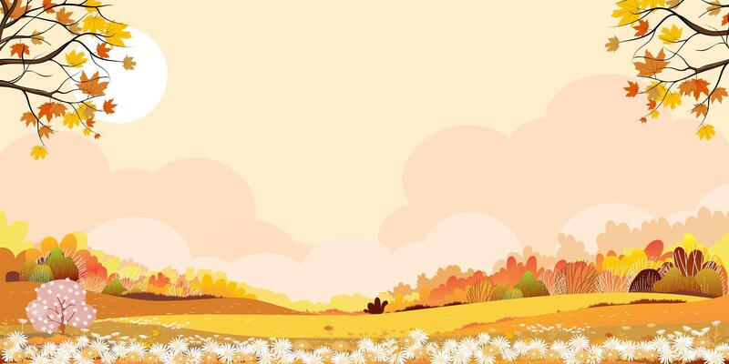 Autumn landscape with Sunset yellow sky, cloud over forest tree, illustration Cartoon Banner Nature Orange Foliage Rural Farm field, maple trees in countryside with sunrise,Fall season banner