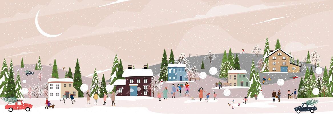 Christmas Background,Winter Village landscape sky,cloud with snow falling,people in city park celebrating on New Year, Xmas horizon banner nature winter wonderland forest tree