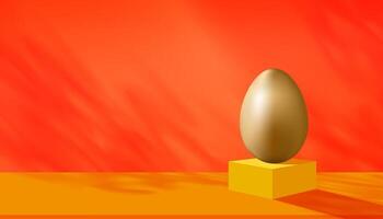 Easter Egg on orange background with light, shadow leaves on Yellow floor for Festive Easter flyer, banner, website banner. Trendy Easter design with 3d golden egg for greeting card vector