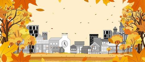 Autumn landscape with Building,House and city park with maple trees and orange, yellow leaves falling, Flat design of natural fall season background with copy space for Thanksgiving card,Banner vector