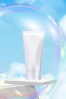 Sky Blue,Cloud Background with Cosmetic Skincare Tube on Podium Platform Step and Bubbles, Minimal 3d Display for Summer Beauty Product Presentation Banner Design Nature Spring Sky vector