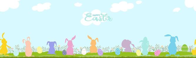 Easter background,Seamless pattern Spring field and Blue sky landscape with Bunny hunting Easter eggs,Banner Cute cartoon Rabbits in grass field.Spring time banner with for Easter greeting card vector