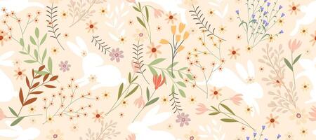 Easter Background,Seamless Pattern of Easter Bunny,Spring flower on orange background,Cute animal Rabbit pattern for Paper Wrapping , illustration colourful drawing of Hare for wallpaper vector