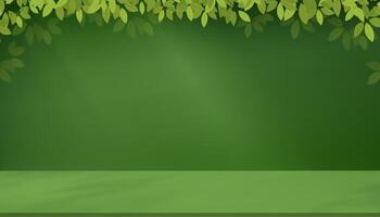 Green Background with Light,Shadow Leaves on Floor for Spring Banner,Studio room spring leave shadow blurry gradient on wall and podium display for Easter, Summer backdrop product present vector
