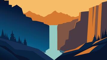 Waterfall cascades down surrounded by rugged rocks and flowing water creating a tranquil natural scene flat illustration. vector