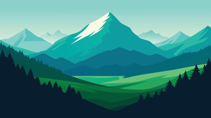 Lush green valley with a stunning mountain range rising majestically in the background highlighting the landscape s splendor flat illustration.