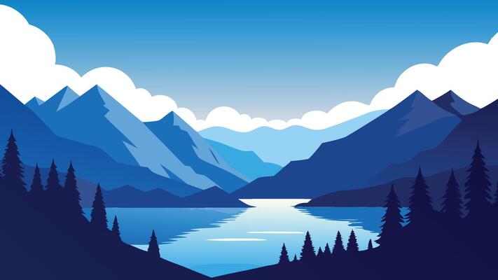 Lake nestled among mountains and trees with a dramatic cloudy sky overhead flat illustration.