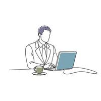A man in a suit seated at a table focused on his laptop exuding professionalism and concentration Doodle Continuous line art flat illustration vector