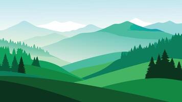 Green hillside adorned with trees enveloped in a gentle layer of fog creating a tranquil landscape flat illustration. vector