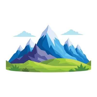 Picturesque landscape with majestic mountain peaks isolated flat illustration on white background.