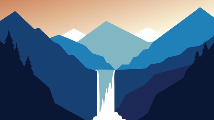 Beautiful waterfall flowing from a mountain framed by the serene natural environment flat illustration