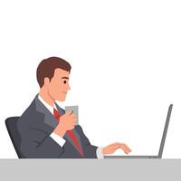 Professional man in a suit enjoys a coffee while working on his laptop, productivity. vector