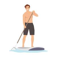 Young man enjoys stand up paddleboarding on calm waters, showcasing balance and skill. vector