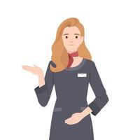 Professional receptionist in a uniform gestures with a welcoming hand, assist visitors with a smile. vector