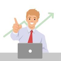 Businessman points forward with enthusiasm while working on his laptop, upward trend graph. vector