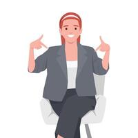 Smiling woman in business attire sits confidently in a chair, pointing at herself with both hands. vector