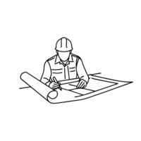 Civil engineer or architect with constructions plans Hand drawn line art illustration. vector
