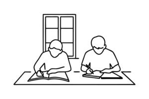 Two people working Students preparing to exams doing homework Hand Drawn Continuous Line art flat illustration. vector