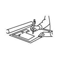 Person is using a pen to write on a blueprint carefully outlining plans and designs with precision Line art flat illustration. vector