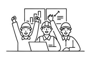 Happy engineers celebrating project completion celebration of engineering team concept Hand Drawn Continuous Line art flat illustration. vector
