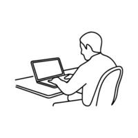 Man sitting at desk using laptop computer Hand drawn line art illustration. vector