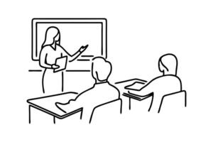 A woman instructs a class while using a laptop demonstrating engagement and modern teaching method Line art flat illustration. vector