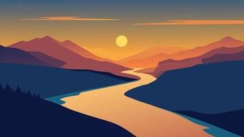 Sunset casts a golden glow over a tranquil lake and meandering river captured from an aerial perspective flat illustration. vector
