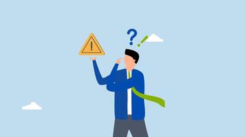 doubt to make decision, 4k animation Businessman grasping exclamation mark sign, worried about finding solution to issue. video