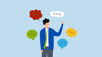 oral communication skill, 4k animation entrepreneur engaging in conversation with several dialogue boxes. video