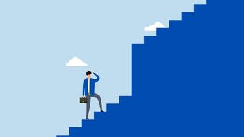 Challenge to overcome difficulty, 4k animation businessman walk up stair to find huge difficult step. video