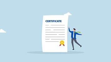 Certificate on taking course, 4k animation joyful entrepreneur holding star certificate document for professional accomplishment. video