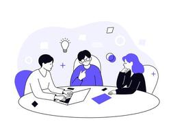 illustration of a business brainstorming session discussing ideas. Abstract background with icons represents creativity, teamwork, and innovation. vector