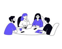 illustration of a team meeting with discussing ideas. Modern flat style with blue accents, ideal for business, teamwork, and corporate collaboration concepts vector