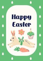 Happy Easter simple card with running hare. Design with text on green background. Happy Easter hand drawn card. Flat illustration with partial outline. illustration. vector