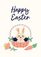 Happy Easter simple card with bunny in basket. Design with text on light beige background. Happy Easter hand drawn card. Flat illustration with partial outline. illustration. vector