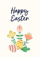 Happy Easter simple card with flowers and painted eggs. Design with text on light beige background. Happy Easter hand drawn card. Flat illustration with partial outline. illustration. vector