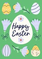 Happy Easter simple card with eggs and flowers. Design with text on green background. Happy Easter hand drawn card. Flat illustration with partial outline. illustration. vector